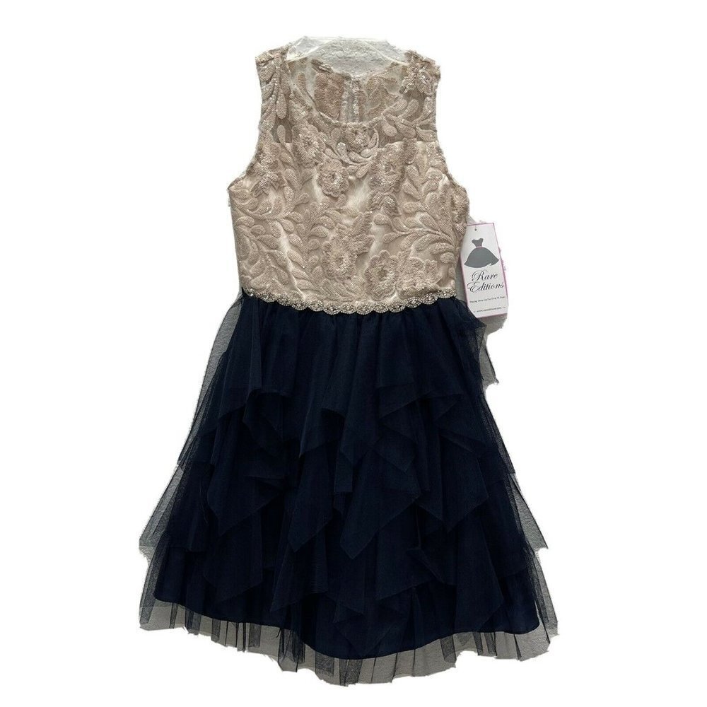 Rare Editions Sz 14 Taupe Navy Sequin Mesh Dress Wedding Formal Party Holidays